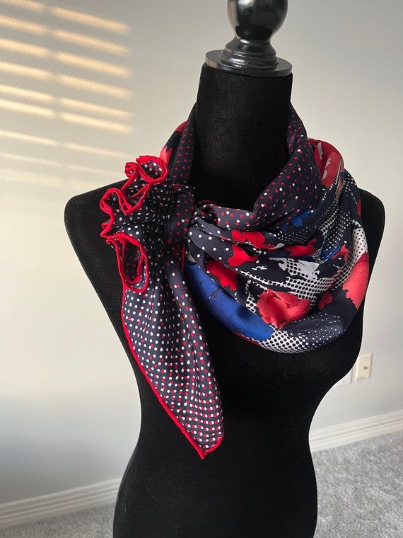 Navy Red Blue Floral Large Square Silk Scarf, 33"… - image 6