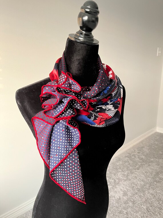 Navy Red Blue Floral Large Square Silk Scarf, 33"… - image 7