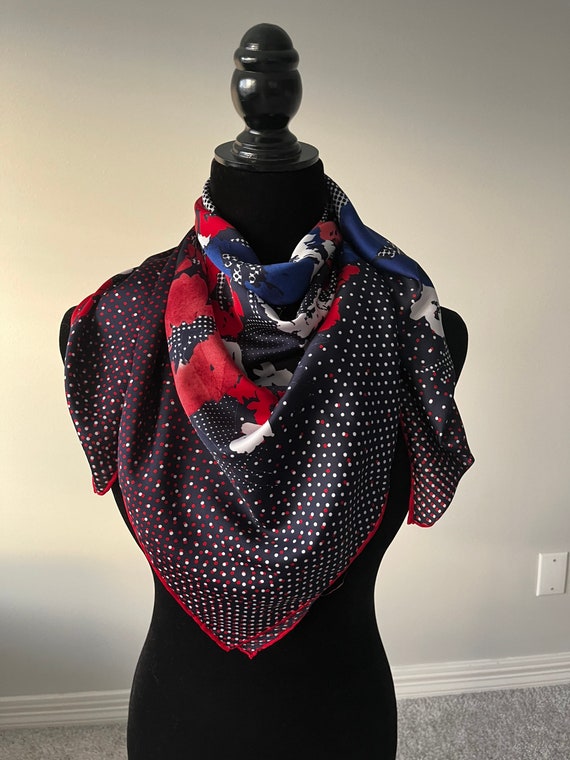 Navy Red Blue Floral Large Square Silk Scarf, 33"… - image 4
