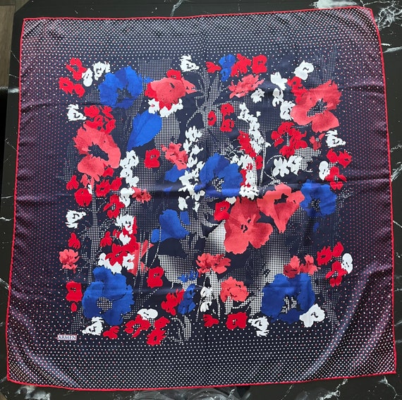 Navy Red Blue Floral Large Square Silk Scarf, 33"… - image 2