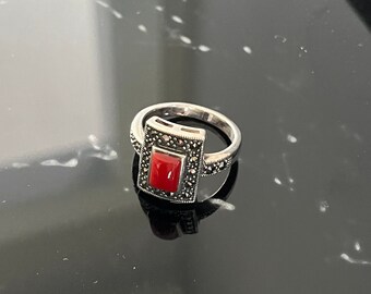 Rectangular Marcasite Carnelian Ring Size 8 1/4, Vintage Sterling Silver Marcasite Jewelry, Classy Christmas Gifts for Women