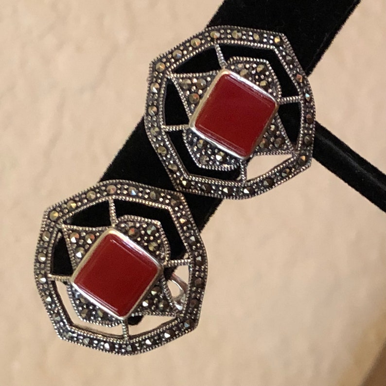 Birthday Gift Ideas Costume Jewelry Cocktail Earrings Sterling Silver Marcasite Jewelry 925 Solid Silver Red Stone Statement Earrings