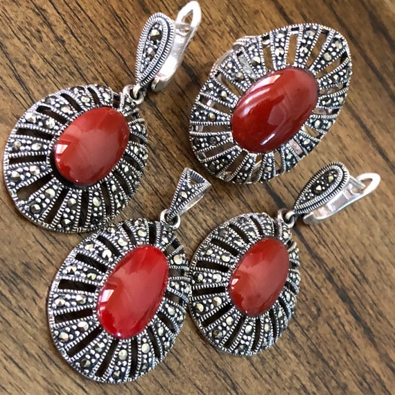 Carnelian Choker Necklace Sterling Silver Dangle Earring Jewelry Set Women 20/"
