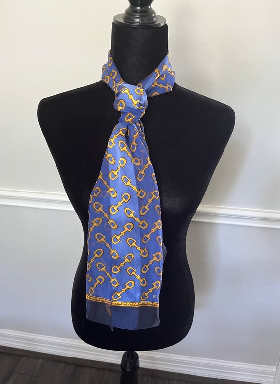 Vintage ECHO Royal Blue Golden Long Silk Scarf, N… - image 3