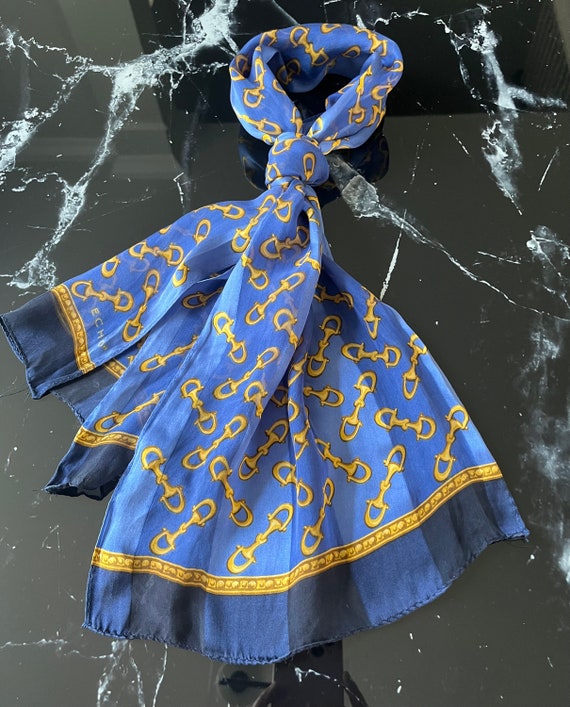 Vintage ECHO Royal Blue Golden Long Silk Scarf, N… - image 8