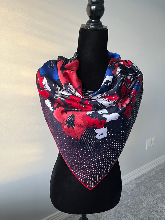 Navy Red Blue Floral Large Square Silk Scarf, 33" 