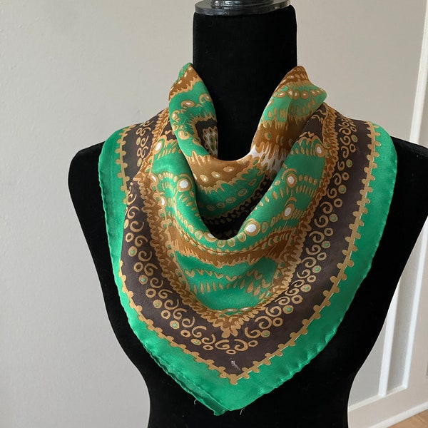 Vintage 80's Boho / Hippie Polyester Emerald Green-Brown Scarf, Nostalgic Gifts, Women's Accessory, Retro Fashion, Fall/Winter