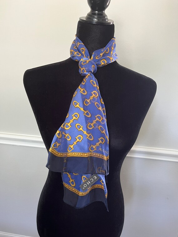 Vintage ECHO Royal Blue Golden Long Silk Scarf, N… - image 4