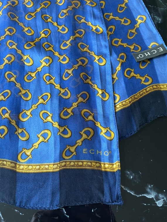 Vintage ECHO Royal Blue Golden Long Silk Scarf, N… - image 7