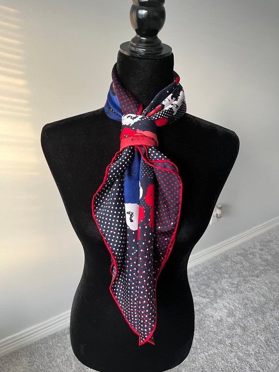 Navy Red Blue Floral Large Square Silk Scarf, 33"… - image 8