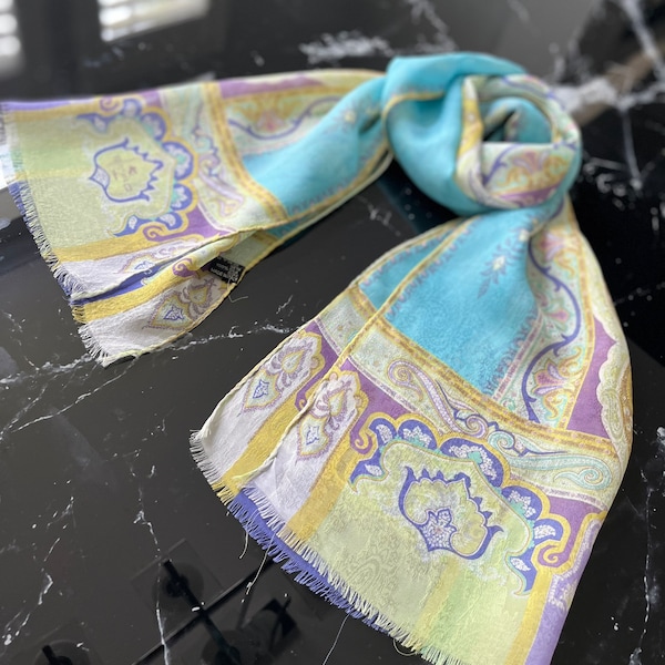 Vintage ETRO Milano Paisley Pastel Colors Silk Oblong Scarf