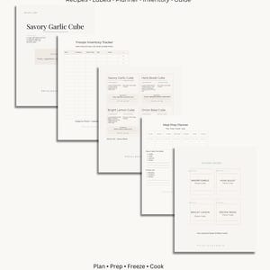 May include: A set of white paper documents with text, including recipes, labels, and a meal prep planner. The text includes "Make Meals in Minutes" and "Savory Garlic Cube."