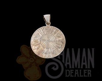 May include: A circular silver-toned metal pendant featuring a central spiral design surrounded by twelve distinct segments, each containing a unique engraved symbol. The pendant includes a small bail at the top for attachment to a chain.