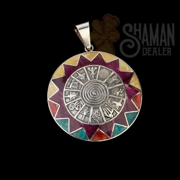 Hand made Inka Nazca Lines Calendar Silver 950, Avalon Shell, Spondylus, Mother Pearl, Chrysocolla from Cusco - Peru