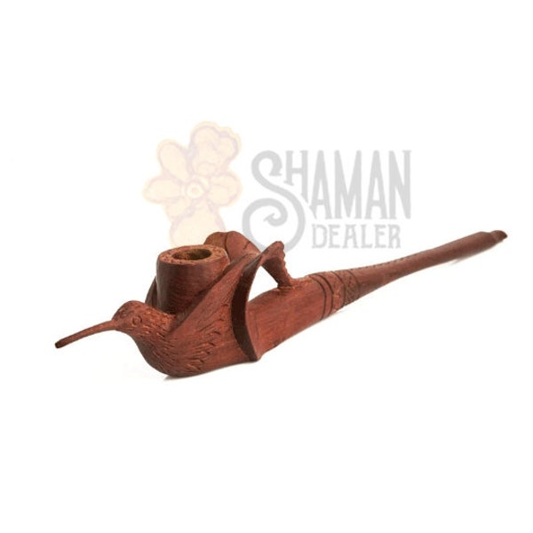 Shaman wooden pipe handcarved from amazon rainforest peru - Hummingbird and Leaf