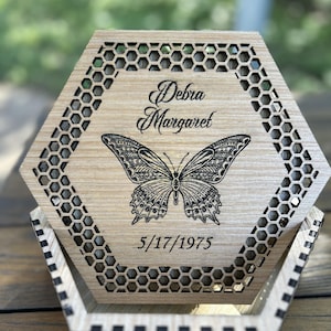 Personalized Monarch Butterfly Windup Music Box Plays You Are My Sunshine - Custom Hexagon Shaped Jewelry Box