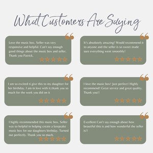 May include: Image featuring customer testimonials about a music box. The text is displayed in speech bubbles with star ratings. The background is a light beige color, and the text is in a handwritten style font.