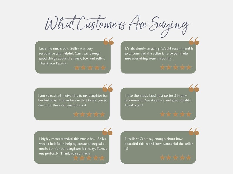 May include: Image featuring customer testimonials about a music box. The text is displayed in speech bubbles with star ratings. The background is a light beige color, and the text is in a handwritten style font.