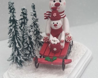 Snowman with sleigh centerpiece , Winter sculpted figurine for tiered tray or coffee table, polymer clay Christmas scene with sleight