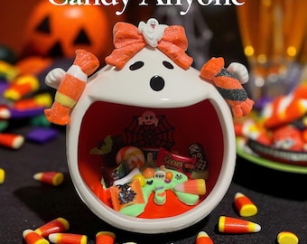 Ghost Candy Dish Halloween Decor - Ceramic Trick or Treat Bowl - Spooky Decorated Candy Holder