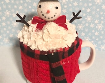 Christmas Fake Hot Cocoa Mug | Snowman Decor | Holiday Kitchen Display Prop | Winter Tier Tray Accessory