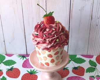 Strawberry cupcake for decorations  fake strawberry cupcake   cupcake decor strawberry cupcake for tiered tray  faux dessert cupcake