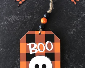 Halloween Ghost Boo Sign,Wooden Halloween Bottle Tag, Orange and Black Sign, Ghost Theme, Wooden Beads, Fall Halloween Décor