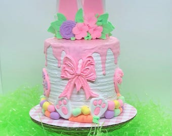 Easter Bunny Cake, Handcrafted Fake Easter Bunny Cake, Whimsical Bunny Cake Topper, Easter Centerpiece Decor