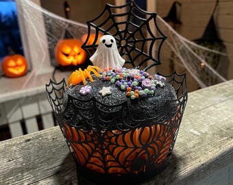 Halloween Cupcake Decor • Spooky Ghost & Pumpkin Cupcake • Black Frosting Fall Treat • Cute Halloween Kitchen Accent • Tiered Tray Prop.