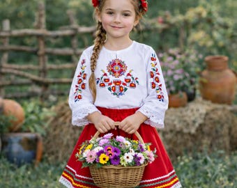 Bulgarian Folk Costume for Girls with Embroidery, Traditional Dress Set, Ethnic Outfit, Handmade Style, Kids Folk Clothing