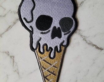 Parche termoadhesivo de calavera de helado pequeño, para coser o remendar, en negro, gris y beige, estilo gótico, para decorar chaquetas o bolsos, o para motociclistas.