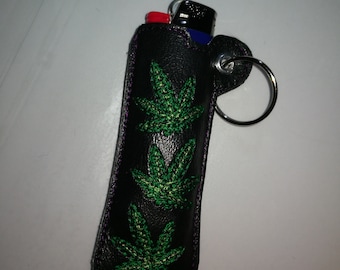 Marijuana Leaf Lighter Holder, embroidered item, gift ideas, lipstick holder, lighter pouch, key fob, key lighter holder, keyring, key ring