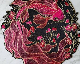 Koi Fish and Flowers Iron On Patch, Mending Badge