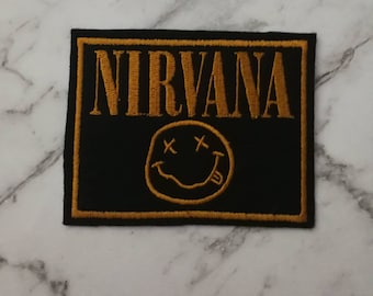 Music Band Nirvana rectangle iron on patch / Black and Gold, mending patch, school bag, jacket patch, patch decoration, gift patch