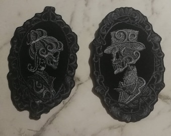 His and Her Skeleton portrait iron on patch / badge / set of 2