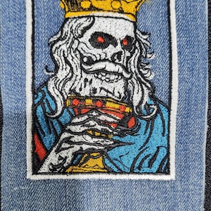 Denim King Card patch, fer à repasser ou coudre sur , king skeleton card patch,