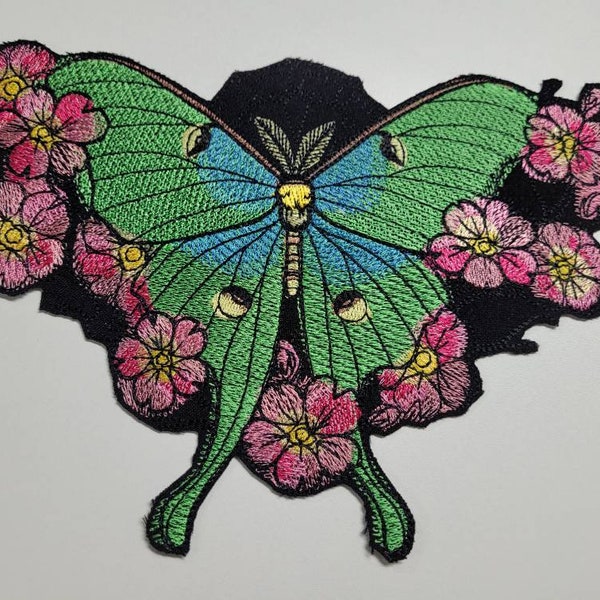 Garden Luna Moth iron on patch, animal, flowers, mushrooms, cloths decoration,bags, mending, large, jacket,