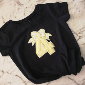 Birthday Number bow iron on patch / shining yellow with light shiny yellow applique fabric