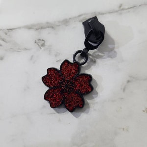 Red Glitter Resin Poppy Flower zipper pull number 5, zipper tape, bag supplies, bag hardware, zipper charms, handbag hardware,