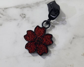 Red Glitter Resin Poppy Flower zipper pull number 5, zipper tape, bag supplies, bag hardware, zipper charms, handbag hardware,