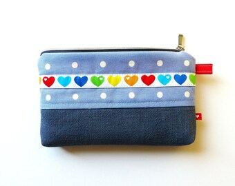 Cell phone case with hearts, small cosmetic bag with heart woven ribbon, blommablu