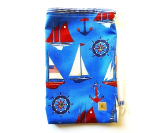maritime book bag with sailing boats, protective cover for books, fabric bag, travel cover for books, blommablu