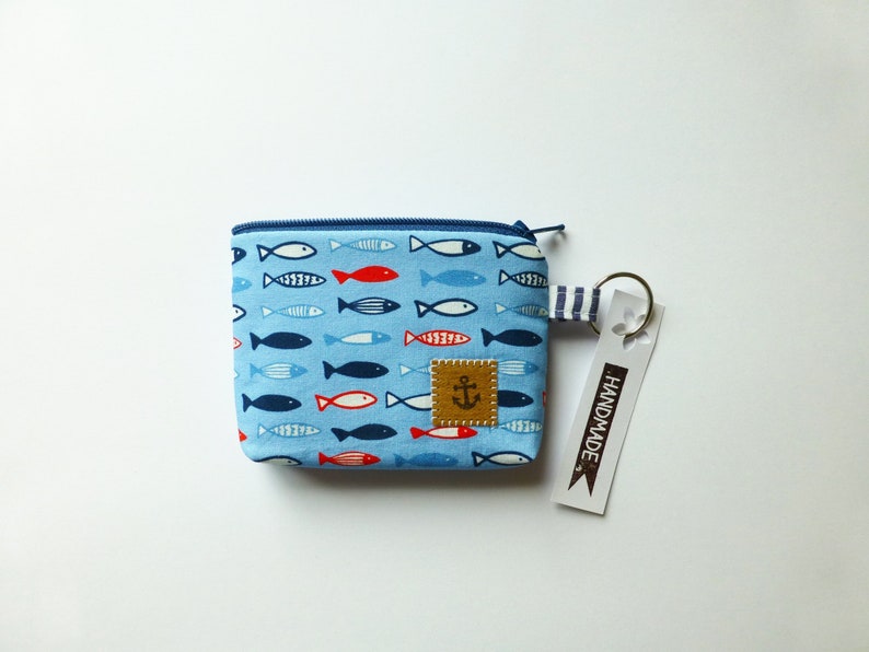 maritime mini bag with fish, light blue key case with fish, blommablu image 1