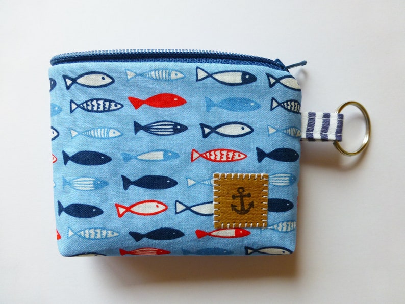 maritime mini bag with fish, light blue key case with fish, blommablu image 2