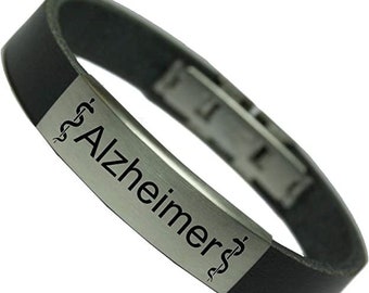 Alzheimer's Dementia SOS Emergency Leather Bracelet Wish Engraving Stainless Steel Engraving Plate Clasp First Aid emergency