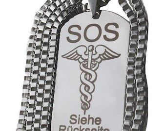 Diabetiker Kette & Dogtag SOS ID Notfall Anhänger Edelstahl Diabetes  Gravur Emergency personalisiert Unisex Erste Hilfe