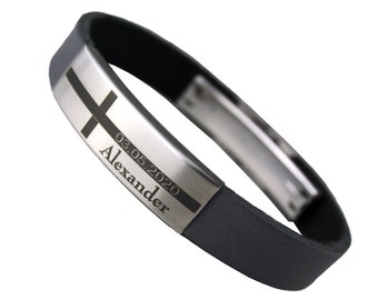 Jungen Mädchen Leder Armband  Kreuz Glaube Kommunion Konfirmation Firmung Unisex Wunschgravur Name Datum