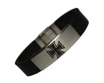 Men's buffalo leather bracelet XL Engraving plate & engraving Iron Cross