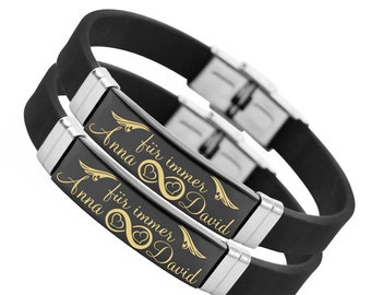 Armband Partner Set Leder Edelstahl Gravurplatte Schwarz Name Datum ID Geschenk Liebe Silikon