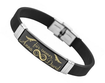 Silikon Armband Freundschaft Liebe Wunsch Gravur Schwarz Edelstahl Gravurplatte schwarz Damen Herren